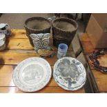 COLLECTION OF VARIOUS STUDIO POTTERY PIECES INCLUDING OWL, MOULDED PLATES ETC