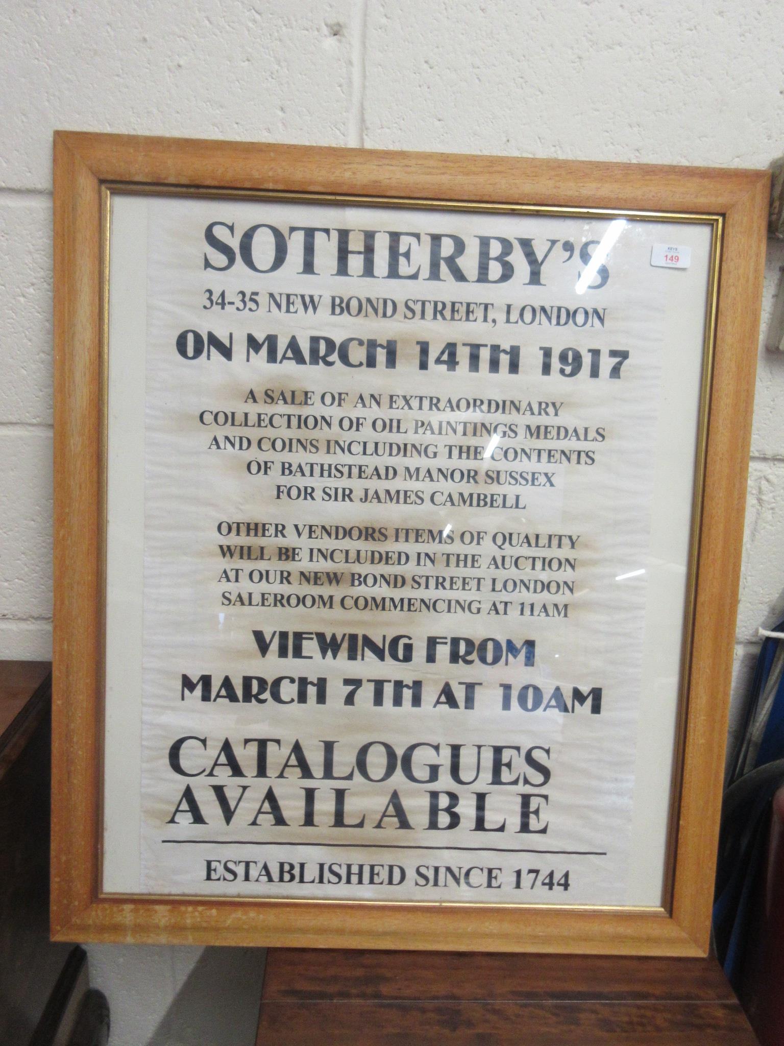 LARGE FRAMED AUCTION POSTER, WIDTH OF FRAME APPROX 69CM