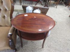 EDWARDIAN OVAL SERVING TABLE WITH STRUNG DECORATION AND BRASS MOUNTED HANDLES, LENGTH APPROX 71CM