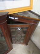 MAHOGANY GLAZED EDWARDIAN CORNER WALL CUPBOARD, WIDTH APPROX 60CM MAX