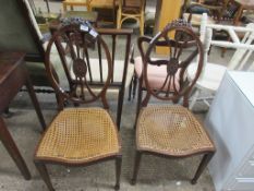 PAIR OF ORNATE CANE SEATED BEDROOM CHAIRS WITH CARVED BACKS, HEIGHT APPROX 96CM