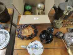 BOX CONTAINING FOUR VARIOUS METAL DECORATIVE BAUBLES TOGETHER WITH A MOULDED PLAQUE AND OTHER