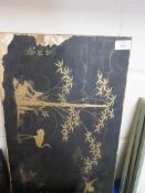 VINTAGE JAPANNED WOODEN PANEL DECORATED WITH RELIEF GILT FIGURES OF CRANES, SIZE APPROX 55 X 33CM