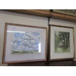 TWO FRAMED WATERCOLOURS, ONE DEPICTING A LANDSCAPE WITH A CLOUDY SKY, THE OTHER DEPICTING A WOODLAND