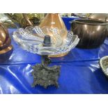 MOULDED METAL AND CUT GLASS CENTREPIECE, THE BASE MOULDED WITH STYLISED FISH ABOVE A FOLIATE DESIGN,