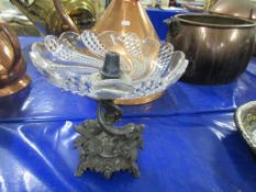 MOULDED METAL AND CUT GLASS CENTREPIECE, THE BASE MOULDED WITH STYLISED FISH ABOVE A FOLIATE DESIGN,