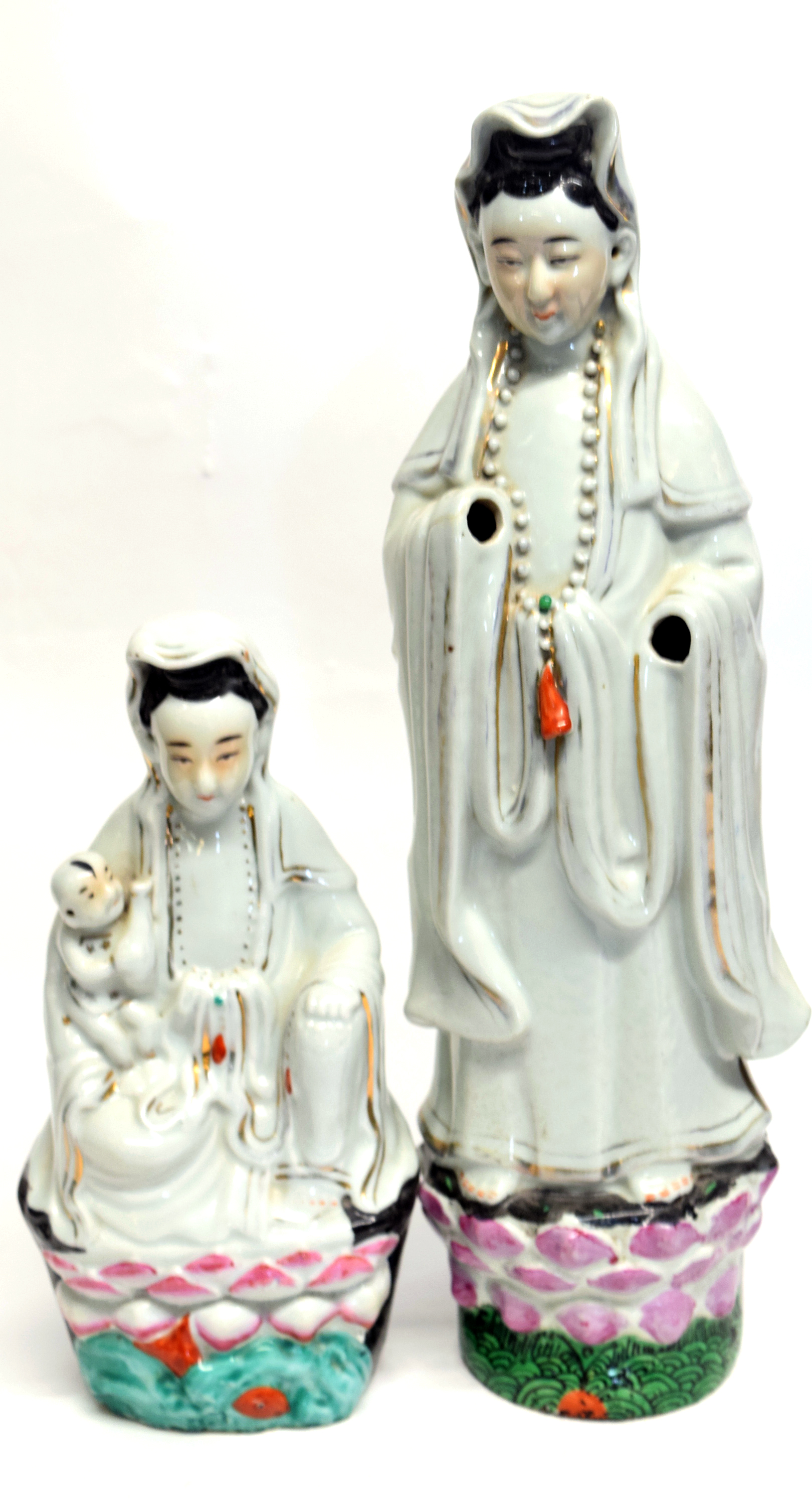 Two Chinese porcelain models of Guan Yin decorated in typical fashion, both on green bases, - Image 2 of 5