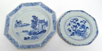 Chinese 18th century porcelain octagonal plate, with landscape scene and further octagonal with