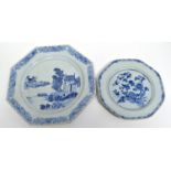 Chinese 18th century porcelain octagonal plate, with landscape scene and further octagonal with