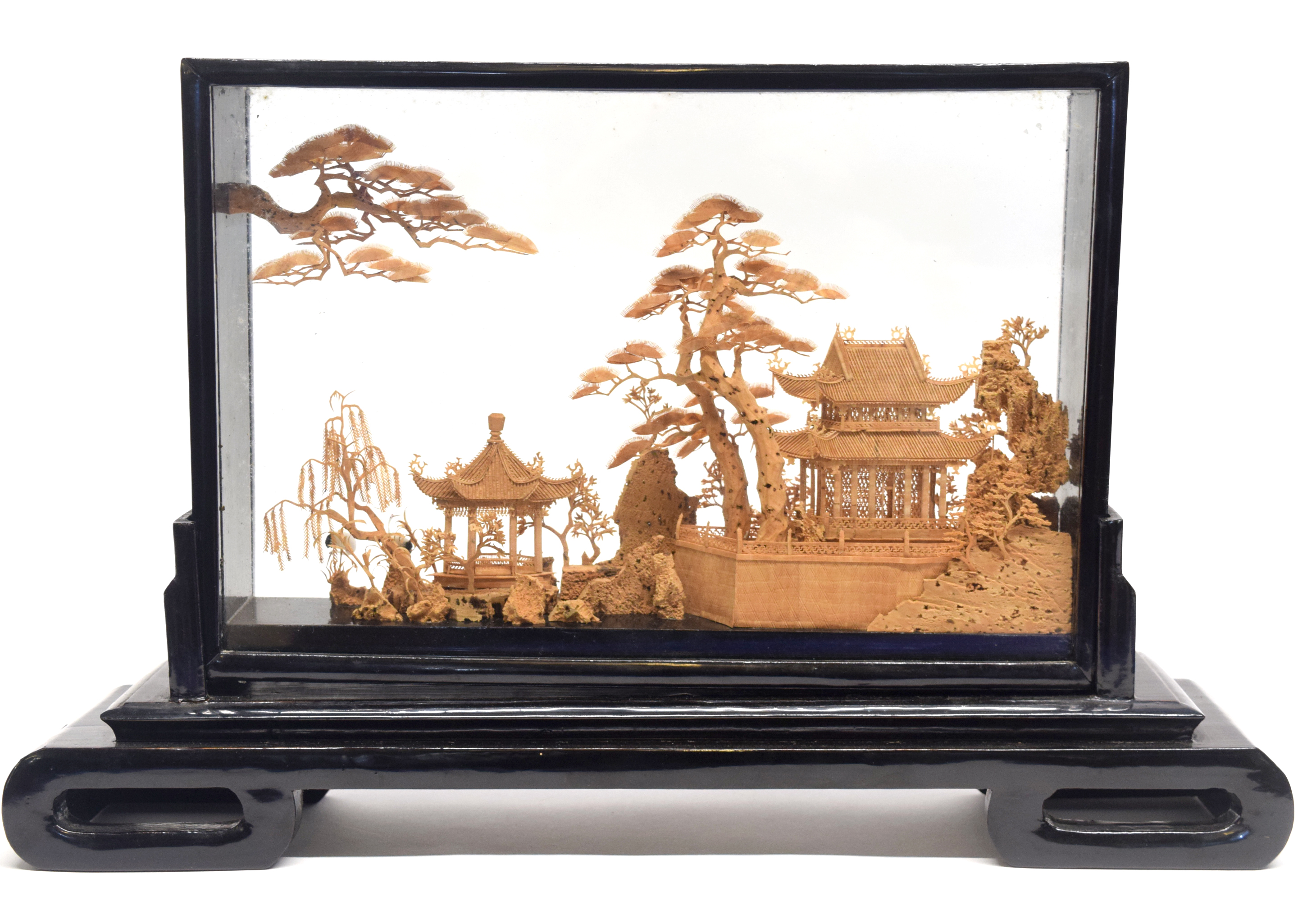 Oriental paper diorama in black wooden frame