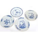 Group of four 18th century Chinese porcelain blue and white plates, all with typical decoration