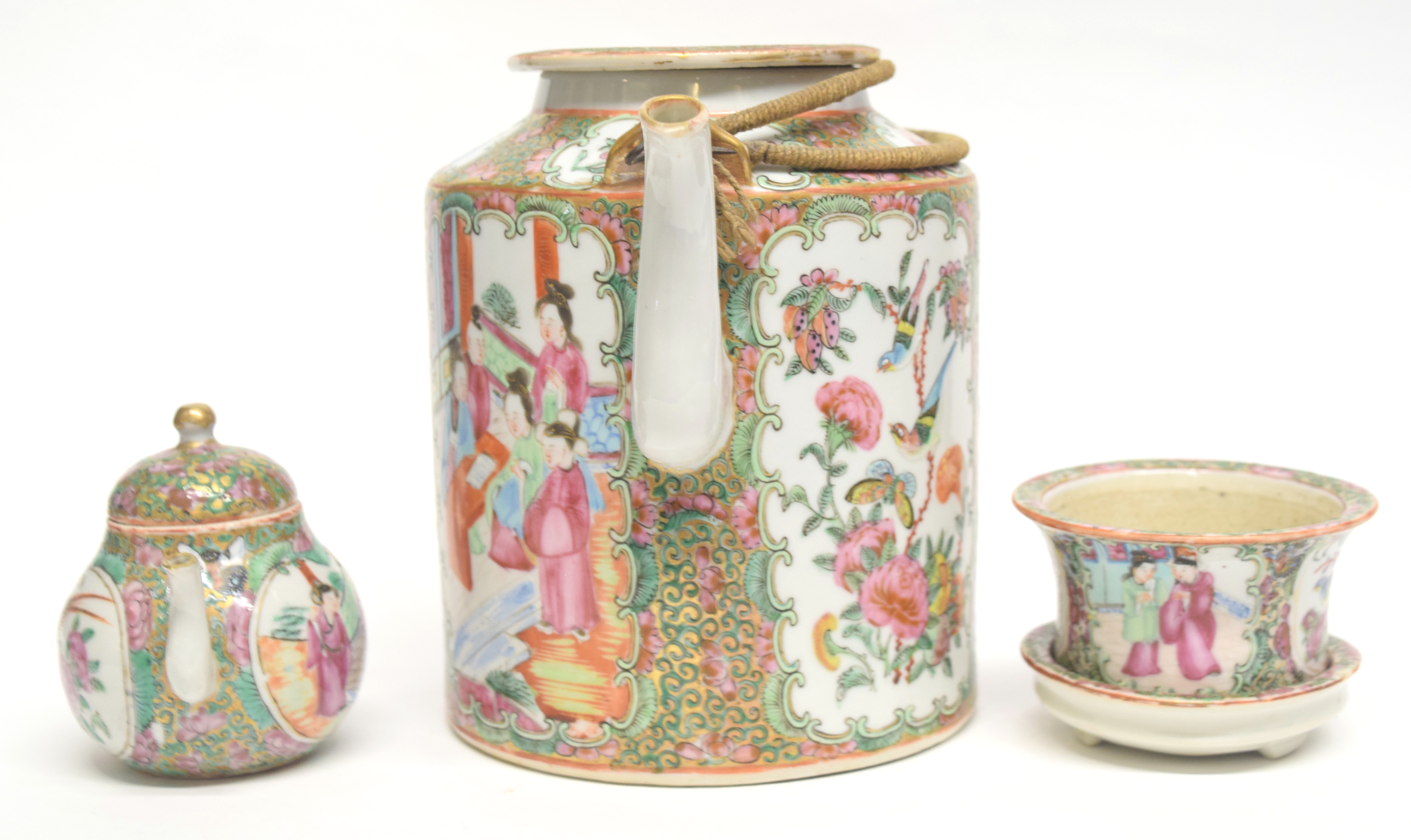 Late 19th century Cantonese porcelain kettle decorated in famille rose, together with a miniature - Image 3 of 4