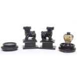 Pair of Chinese carved wooden lions on rectangular bases, together with a miniature Satsuma vase, (