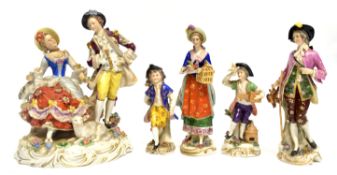 Group of Continental porcelain figures including a group with seated lady and sheep by her side,