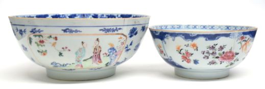 Two 18th century Chinese porcelain bowls, one with polychrome decoration and the larger with blue