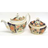 Early 19th century Coalport Japan pattern tea pot and cover, together with a matching sucrier and