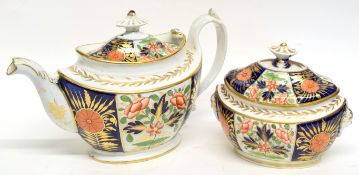 Early 19th century Coalport Japan pattern tea pot and cover, together with a matching sucrier and