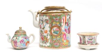 Late 19th century Cantonese porcelain kettle decorated in famille rose, together with a miniature