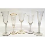 Group of 18th century glasses including two ale glasses with air twist and central gauze, further