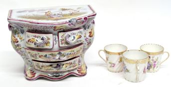 Continental pottery jewellery box, the top decorated with a couple in a landscape scene, the