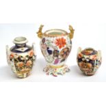Derby Imari vase with loop handles, together with a further Derby vase (a/f) and further jar with
