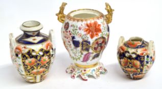 Derby Imari vase with loop handles, together with a further Derby vase (a/f) and further jar with