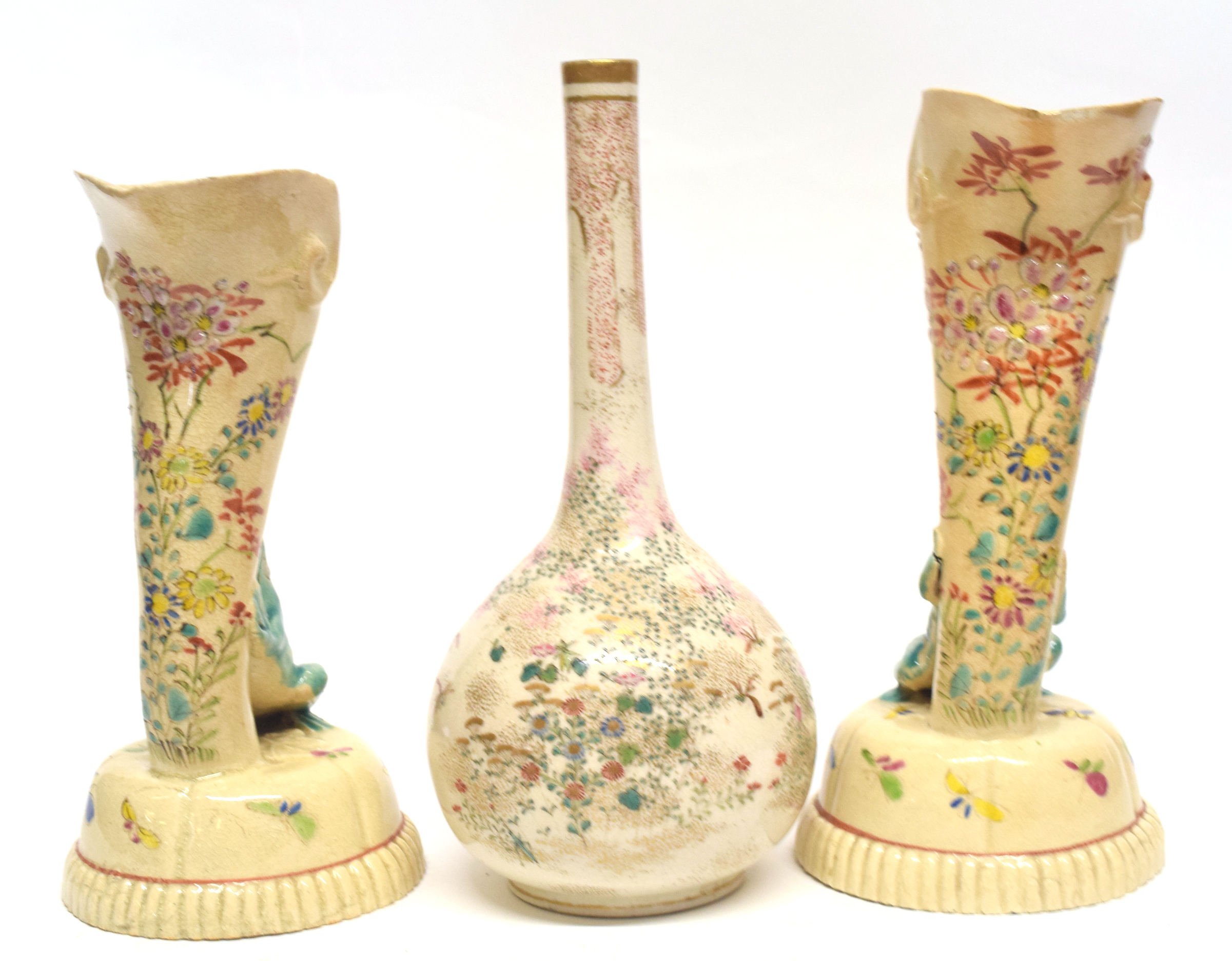 Pair of Japanese earthenware vases, flanked by frogs in green, together with a Satsuma bottle - Image 4 of 5