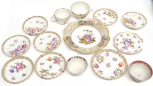 Group of Continental porcelain cups and saucers together with a pierced plate decorated in Meissen