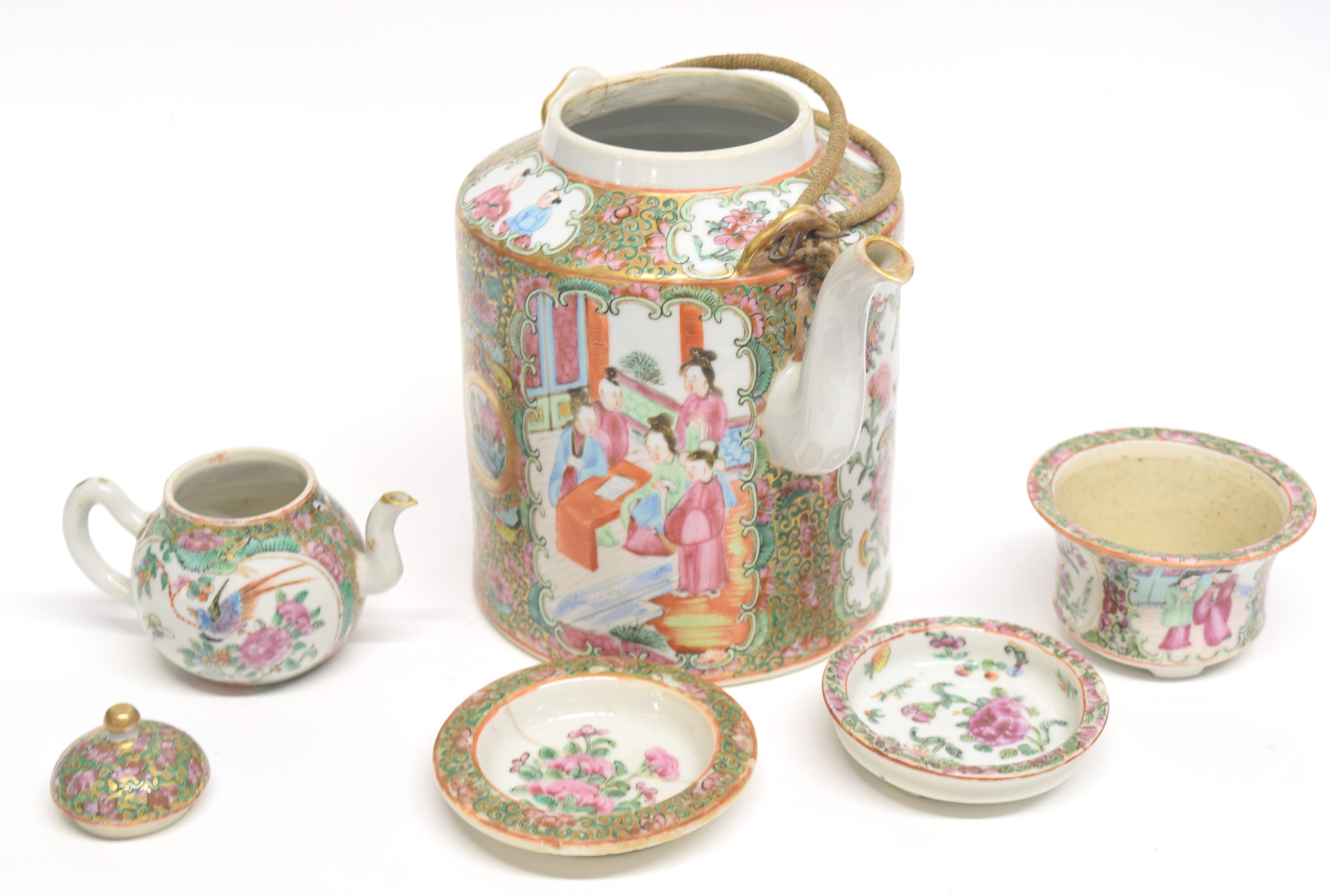 Late 19th century Cantonese porcelain kettle decorated in famille rose, together with a miniature - Image 4 of 4