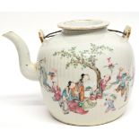 Large Chinese porcelain kettle decorated in polychrome with Chinese characters on a ribbed body,