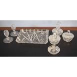 Cut glass bedroom set comprising tray, two small candlesticks, ring tray and two further bottles