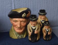 Royal Doulton character jug of Monty together with three graduated jugs of Winston Churchill,