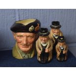 Royal Doulton character jug of Monty together with three graduated jugs of Winston Churchill,