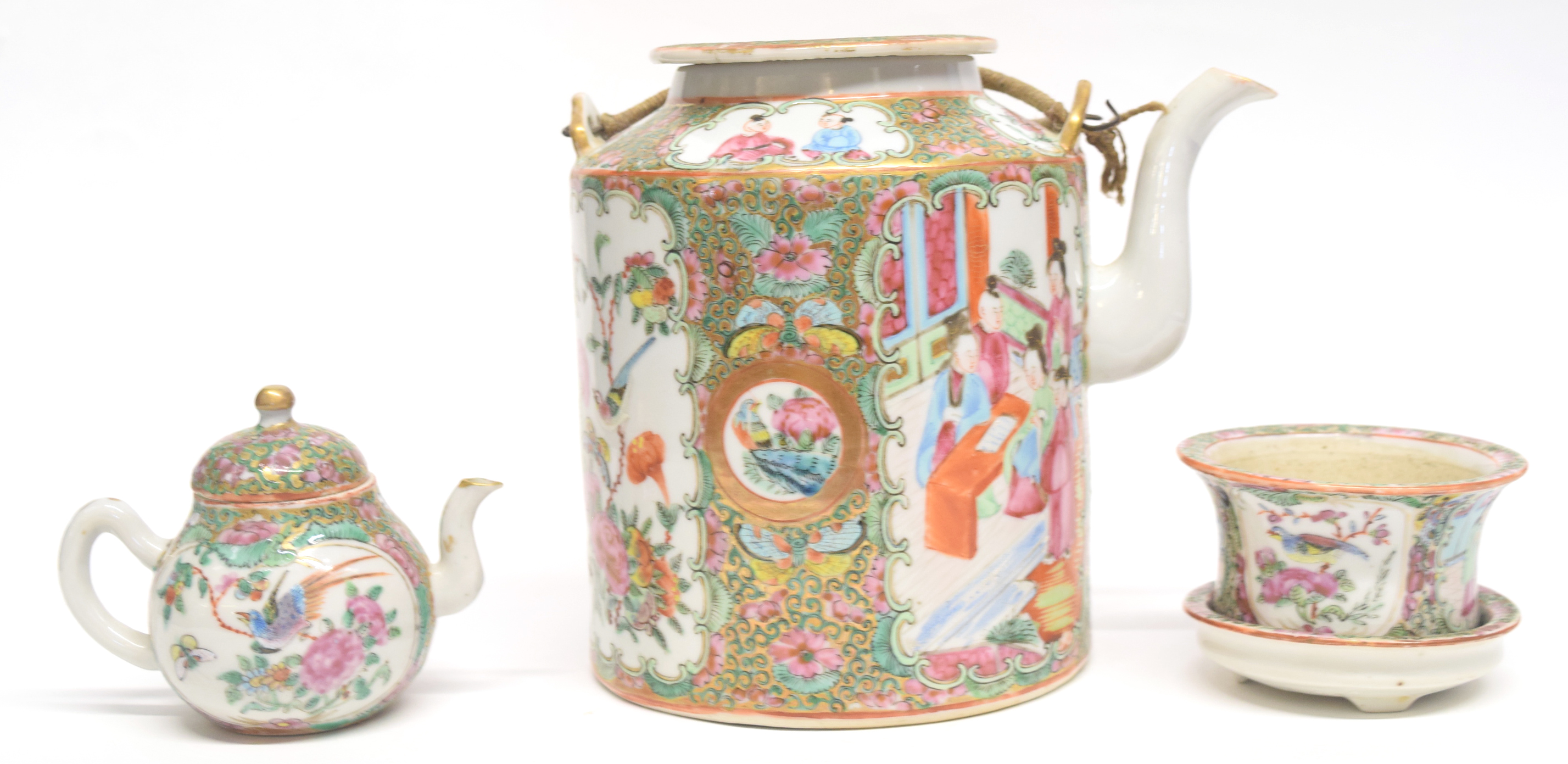 Late 19th century Cantonese porcelain kettle decorated in famille rose, together with a miniature - Image 2 of 4