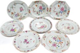 Eight 18th century Chinese porcelain plates all decorated in polychrome enamels, two octagonal