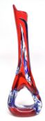 Tall Art Glass Murano type vase, the red ground decorated in relief with a blue swirling design,