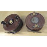 Two vintage wooden and brass fishing reels, (2)