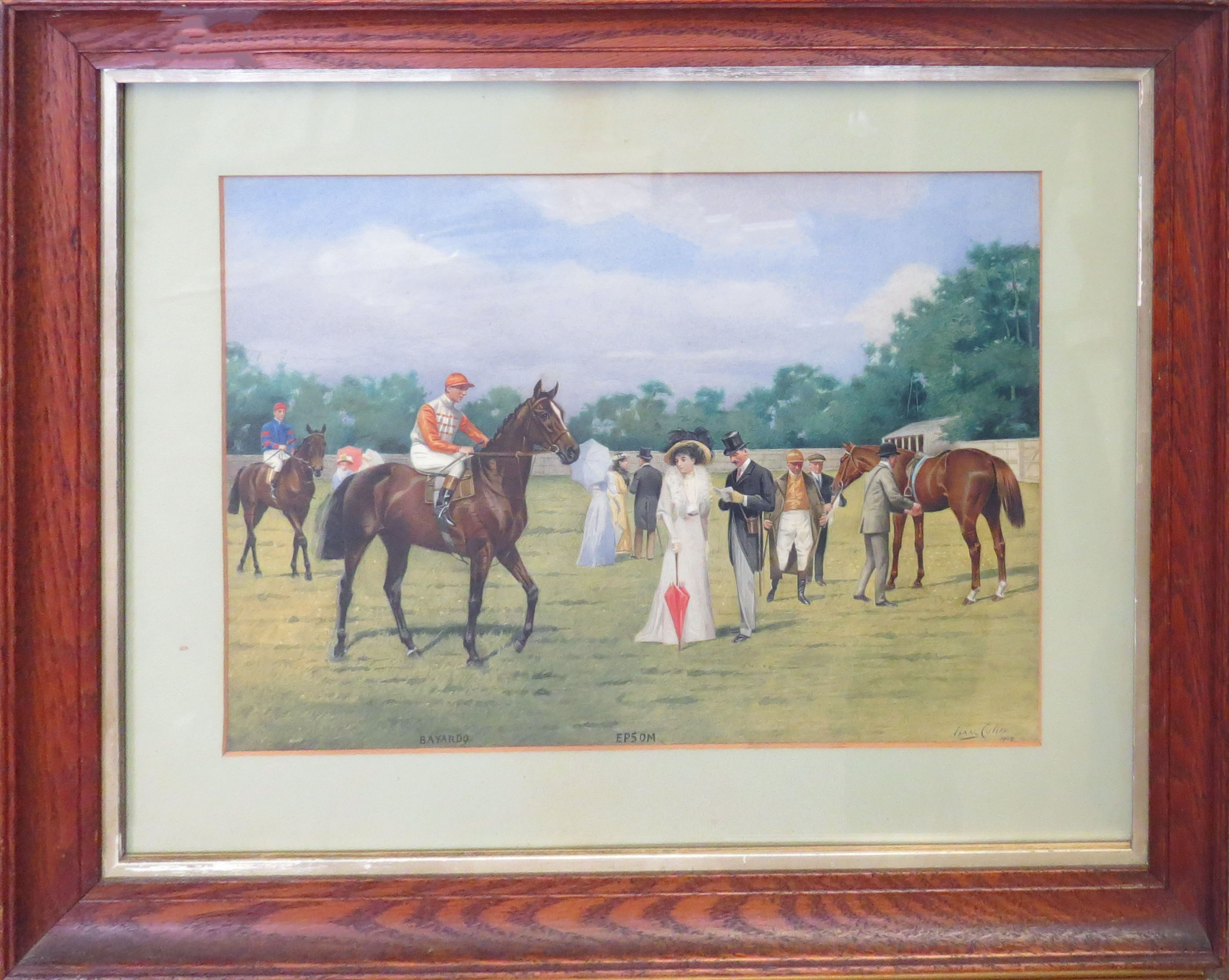 Isaac J Cullen (act 1881-1947), Bayardo in the Paddock at Epsom with Danny Maher up, watercolour,