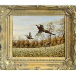 Mark Chester (contemporary), "Autumn Stubble II - Pheasants", acrylic on board, signed lower