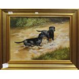 Berrisford Hill (20th century), Black Labradors in a river, oil on canvas, signed lower right, 39