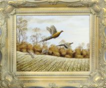 Mark Chester (contemporary), "Autumn Stubble I - Pheasants", acrylic on board, signed lower left, 19