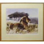 Wolfgang Weber (contemporary), Lion in a landscape, coloured print, signed, numbered 49/495 in