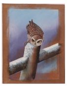 ALAN FAIRBRASS (20TH CENTURY) Owl on a post acrylic on paper laid to board 45 x 31cms, unframed,