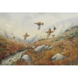 Simon Trinder (born 1958), Grouse in flight over moorland, watercolour, signed lower left, 25 x