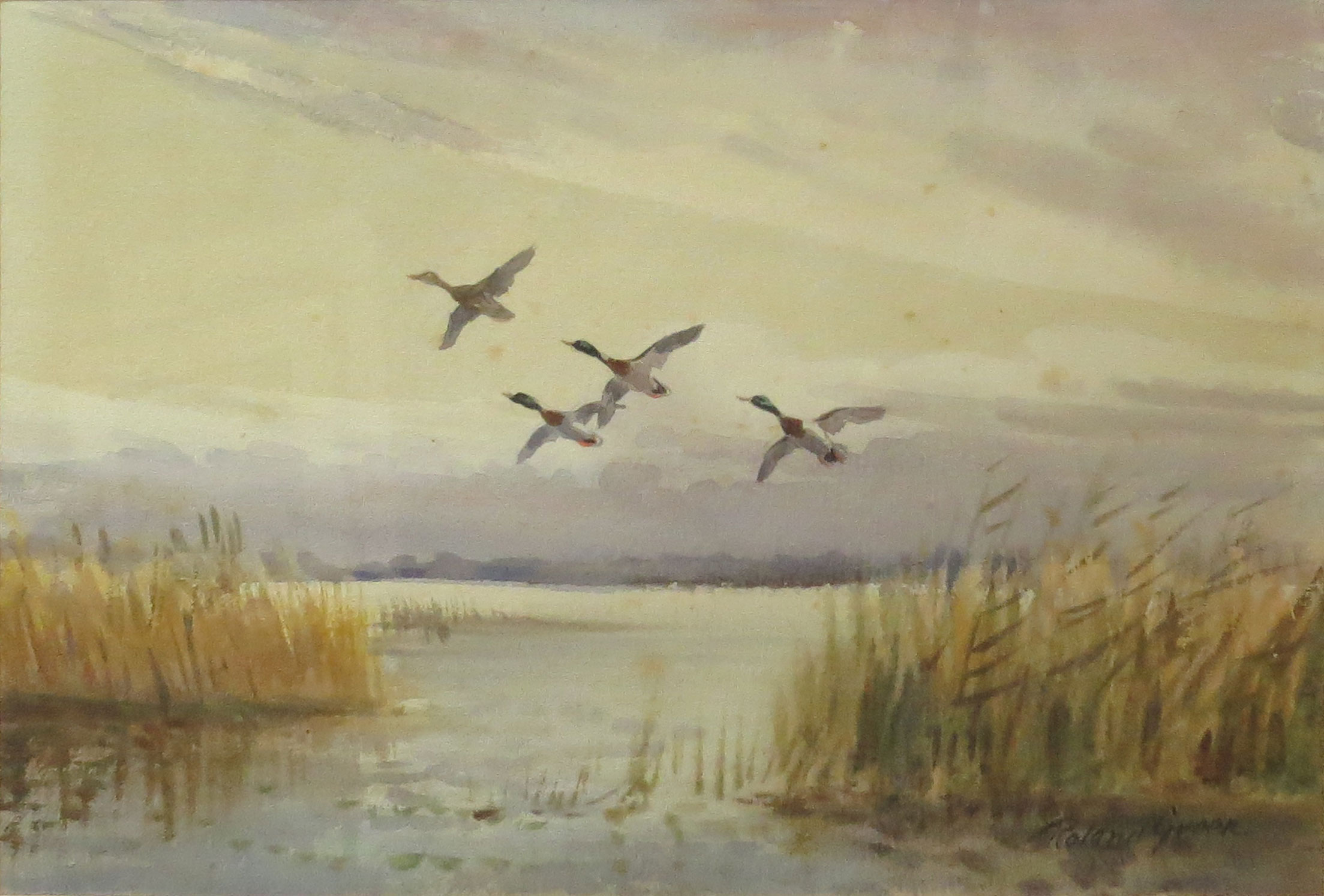Roland Green (1896-1972), Ducks in Flight, pair of watercolours, both signed, 17 x 26cm
