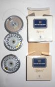 House of Hardy three spools, Hardy wet fly 1 WF-8, Hardy wet fly 2 DT-9 and DT7F (3)