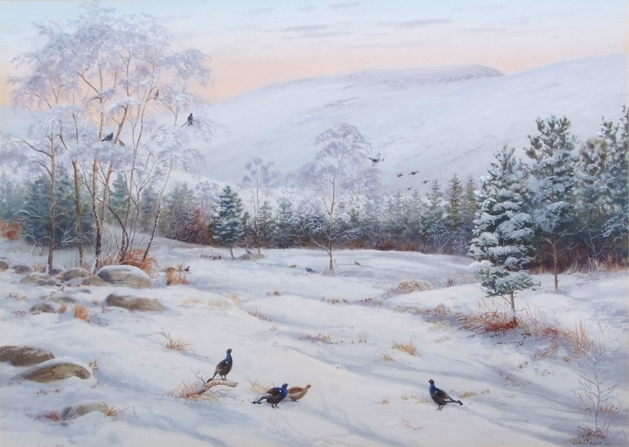 •AR Richard Robjent (Born 1937), "Winter in Glen Esk - Blackgame", watercolour, signed and dated