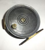 Vintage alloy fishing reel bearing initials H D P, 9cm diam