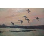 Wilfred Bailey (19th/20th century), Geese alighting, oil on canvas, signed lower right, 50 x 75cm