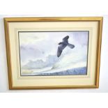 •AR Owen Williams (20th Century), Peregrine in Flight over Snowy Mountains, watercolour, signed